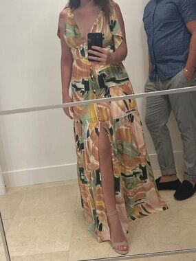 Abstract Print Maxi Dress with Front Slit - Peach & Green